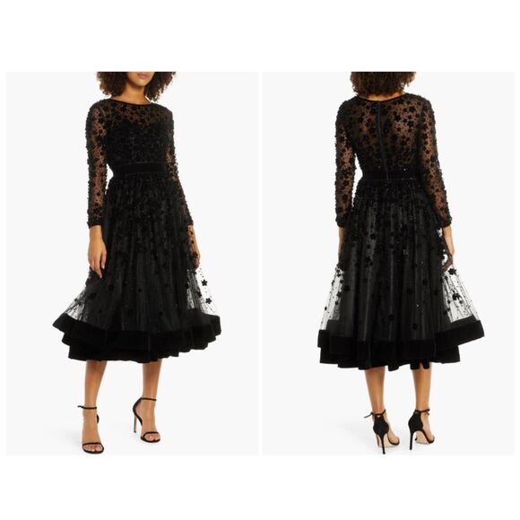 Mac Duggal 67007 Long Sleeve Fit Flare Velvet Embellished Cocktail Dress Size 0 - Picture 1 of 4